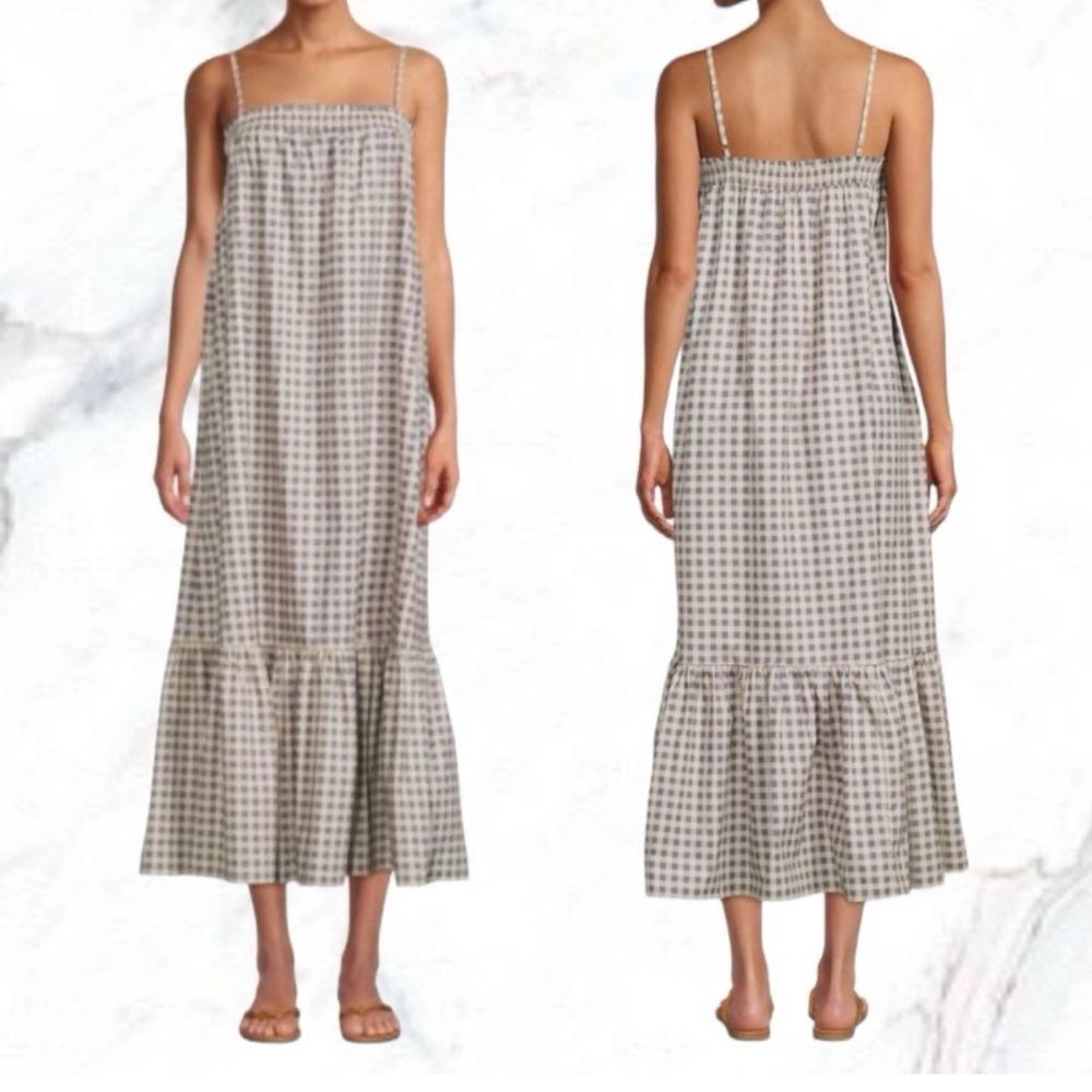 NWT WEWOREWHAT Smocked Midi Dress Blue and Cream Gingham Prairie Size Small